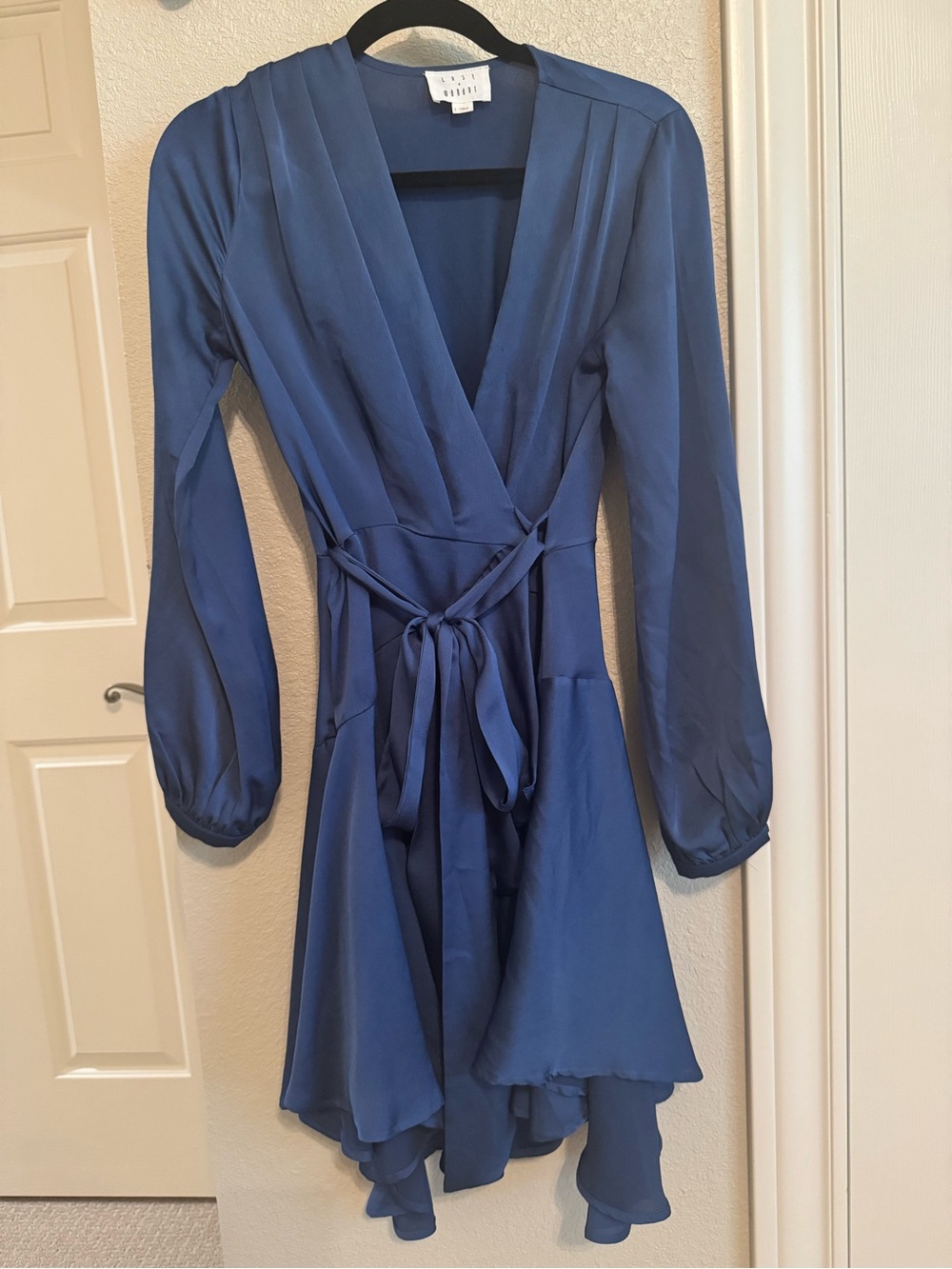 Lost + Wander Navy Blue Satin Wrap Dress with Tie Waist